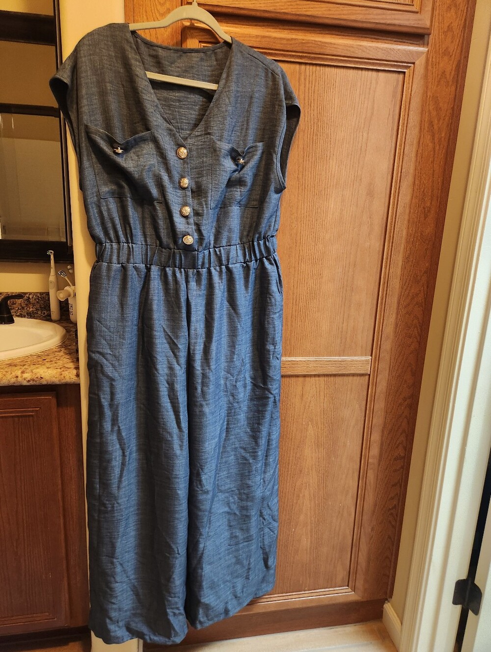 Casual Blue V-Neck Button Front Women's Dress